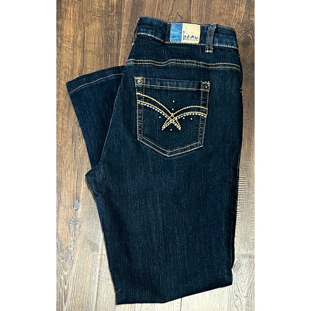 Beau Women Dark Wash Straight Leg Jeans Rhinestone Pocket Size 10 M2516AZY